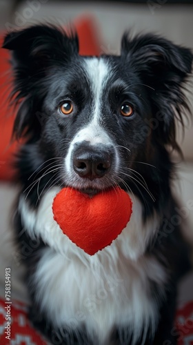 Black and white border collie dog holding a red heart-shaped toy in its mouth