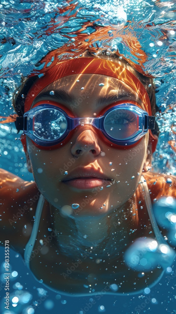 Fototapeta premium Female swimmer underwater wearing orange goggles, surrounded by bubbles and reflecting light, looks intently forward
