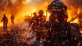 Firefighter in full gear battles a fierce blaze, surrounded by intense flames and sparks
