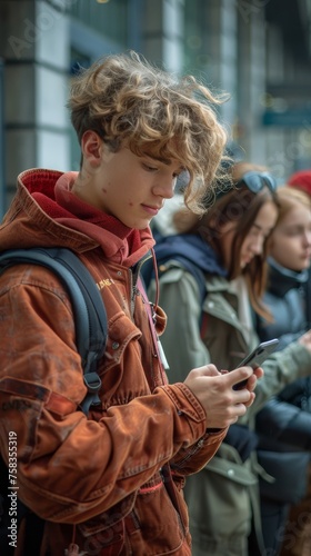 Curly-haired person focuses on a smartphone, wearing a brown jacket, with others in the background