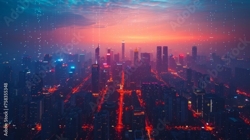 Digital artwork showcasing a futuristic cityscape at dusk, with vivid lights and a dense urban layout