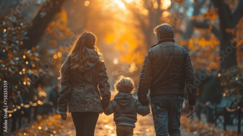 Family of three, holding hands, walks through a park with autumn leaves at sunset