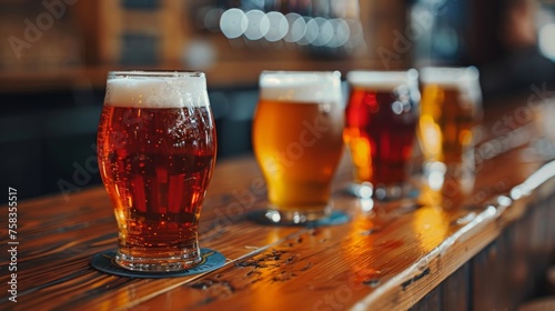 Four glasses of beer with varying colors sit on a wooden bar, showcasing a beer tasting