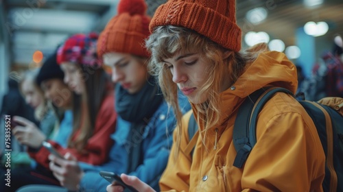 Four people wearing winter hats are focused on their smartphones in a busy indoor setting