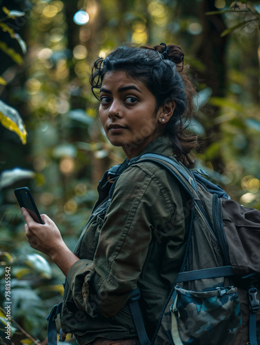 Bengali girl hiking in the forest with a backpack, looking around holding a smartphone in one hand.