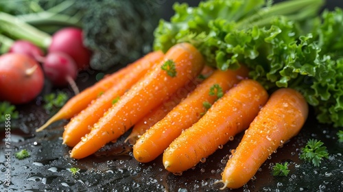Fresh, dewy carrots with green tops lie next to kale and radishes on a dark surface