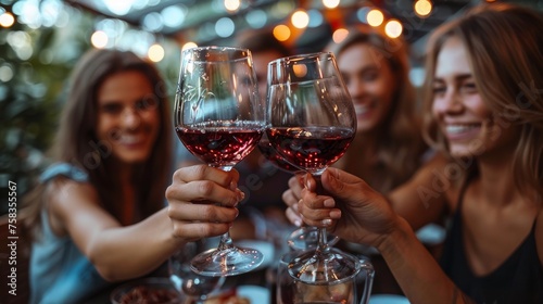Friends are toasting with red wine glasses at a warm, festive outdoor gathering, smiling joyfully