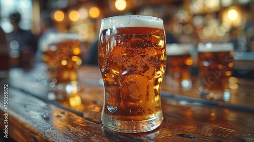 Full pint of beer with foam on top rests on a wooden bar counter, indoors photo