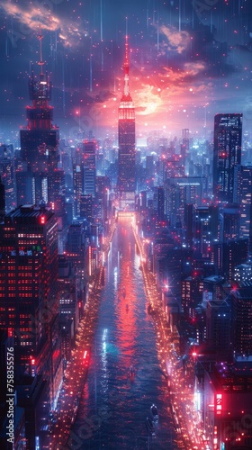 Futuristic city at night illuminated in blue and red  with skyscrapers and a glowing river