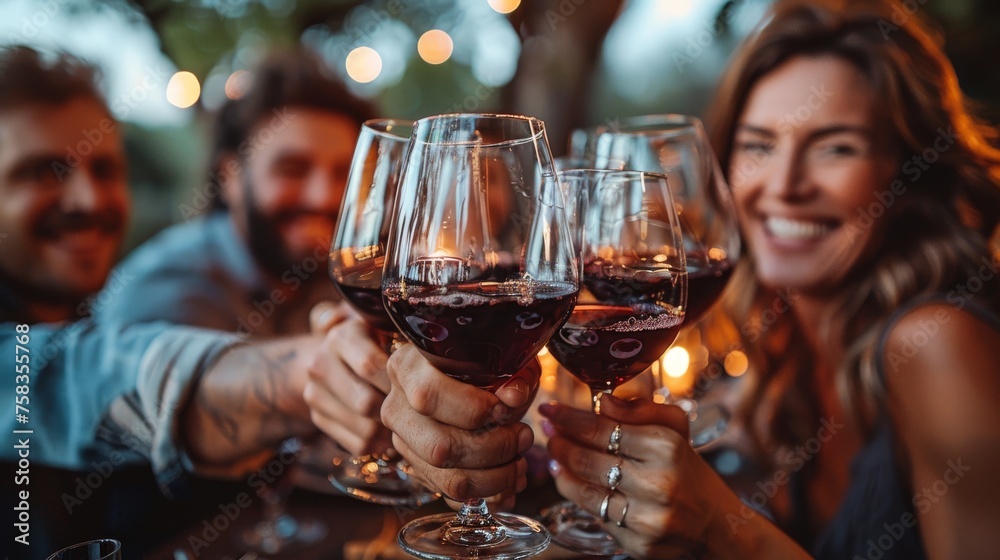 Group of people celebrating, toasting with red wine glasses, smiling, joyful evening gathering, close-up shot