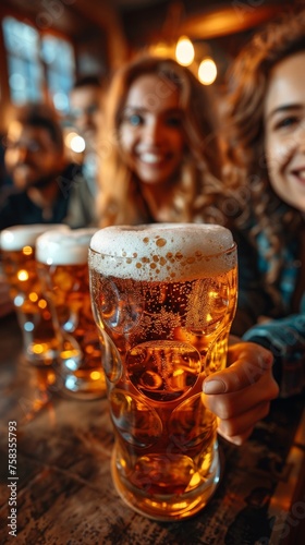 Group of people cheerfully toasting with full pint glasses of beer in a cozy pub © TheGoldTiger