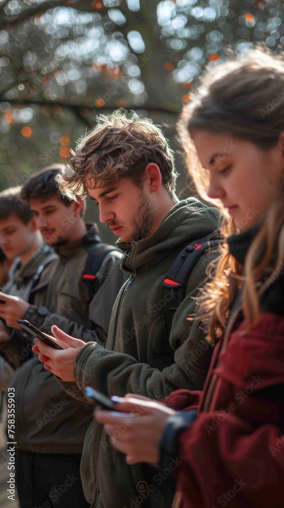 Group of young adults engrossed in their smartphones, standing outdoors in daylight, focused and concentrated