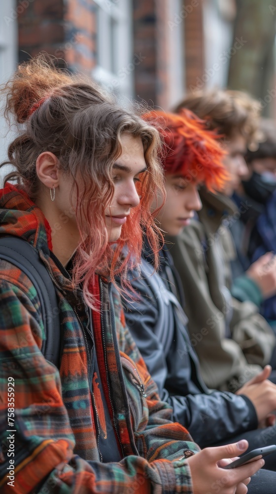 Group of young people with colorful hair sitting in line, one looking at a phone