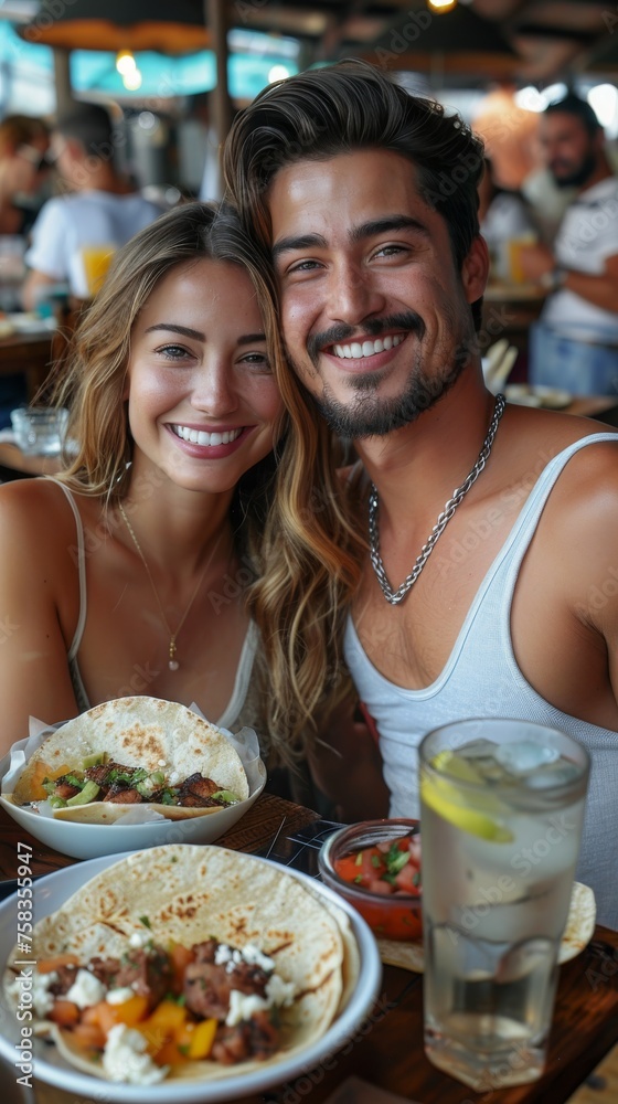 Happy couple smiling at the camera, enjoying a meal with tacos and drinks at a restaurant