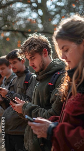 Group of young adults engrossed in their smartphones, standing outdoors in daylight, focused and concentrated