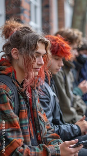 Group of young people with colorful hair sitting in line, one looking at a phone © TheGoldTiger