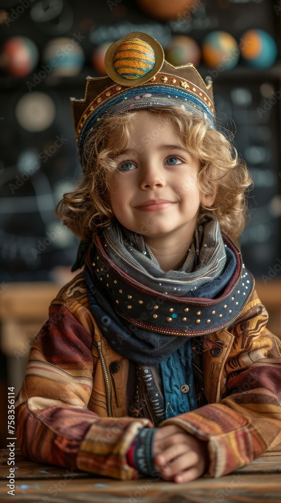 Child with curly hair, wearing a crown, scarf, and jacket, smiles with a whimsical backdrop