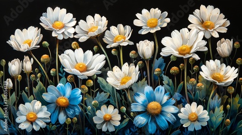 Image displays a vibrant array of white and blue daisies against a dark background