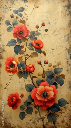 Image displays a vertical painting of red flowers and green leaves against a textured beige background