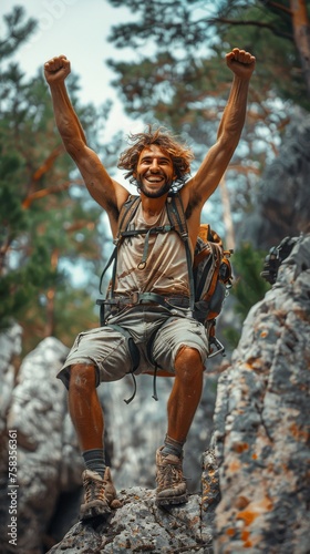 Jubilant hiker with a backpack celebrates triumphantly atop a rocky peak  surrounded by forested wilderness