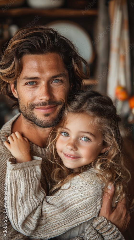 Man and a young girl with bright smiles, embracing warmly in a cozy indoor setting Man and a young girl with bright smiles, embracing warmly in a cozy indoor setting