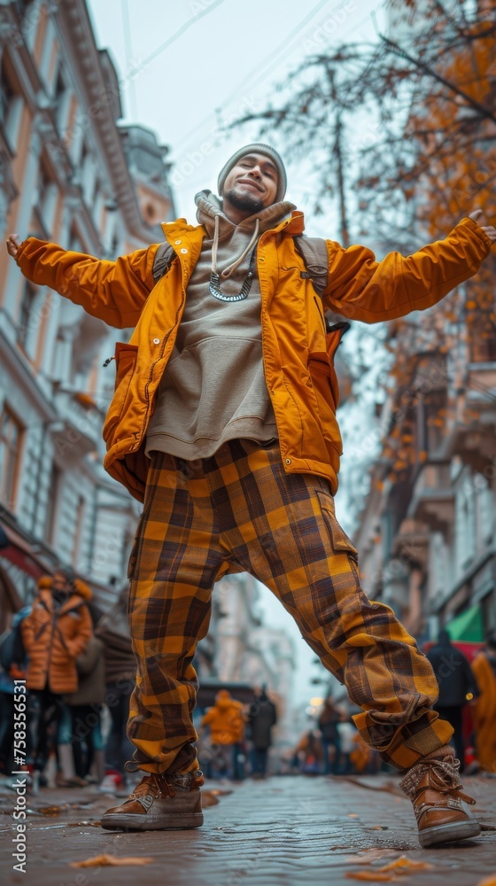 Man in a yellow jacket and plaid pants stands smiling with arms outstretched on a city street