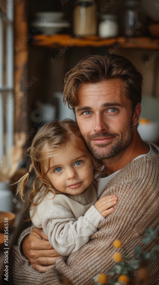 Man embraces a young child lovingly, both smiling, in a cozy home environment with shelves