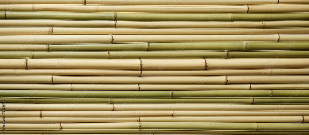 A closeup of a rectangular wall made of brown bamboo sticks. The grille pattern creates symmetry with tints and shades. There is metal window treatment on the flooring