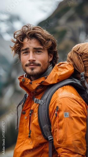 Man with tousled hair, wearing an orange jacket, carries a backpack in a mountainous area