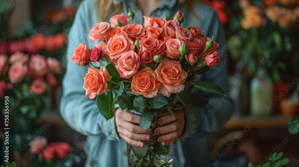 Person holding a large bouquet of pink and orange roses, standing in a flower shop Person holding a large bouquet of pink and orange roses, standing in a flower shop