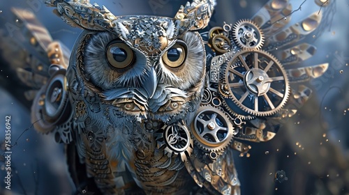 Design a steampunk-style owl with intricate gears and cogs. high-resolution photo