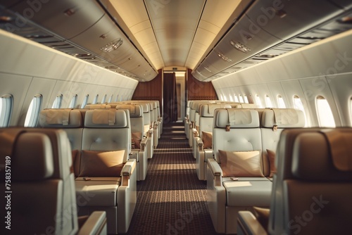 A luxurious display of first-class airplane amenities, featuring plush seats, gourmet dining options, and personalized service, all designed for utmost comfort and exclusivity.