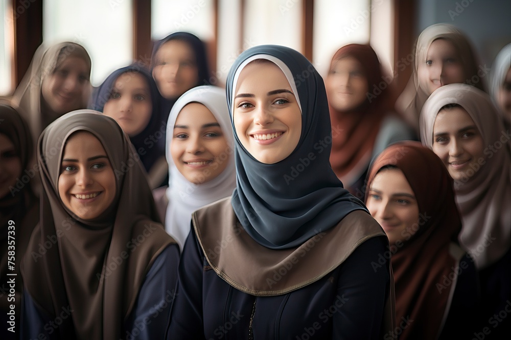Islamic Young woman with diverse group of female students dressed in traditional clothing inside school setting - generative ai