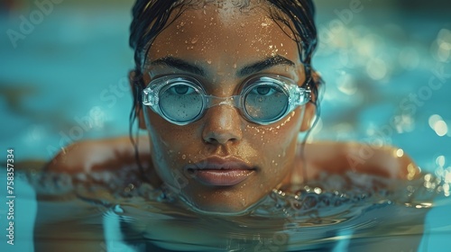 Person with wet skin and goggles emerges from water, droplets on face, looking forward © TheGoldTiger