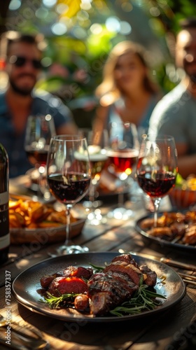 Plate of steak with glasses of red wine, cheerful people in the blurry background