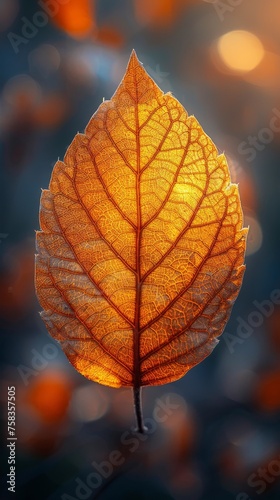 Single autumn leaf stands illuminated with intricate veins visible, set against a warm bokeh background