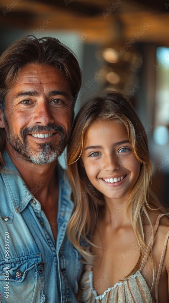 Smiling man and a young woman posing close together, both wearing casual clothing, looking happy Smiling man and a young woman posing close together, both wearing casual clothing, looking happy