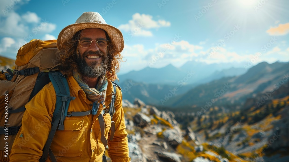 Smiling hiker with glasses and a hat stands before mountainous terrain under a bright sun