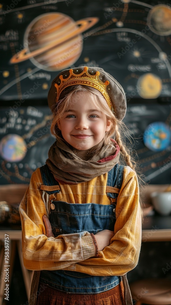 Obraz premium Smiling child wearing a crown and scarf stands before a chalkboard with drawn planets