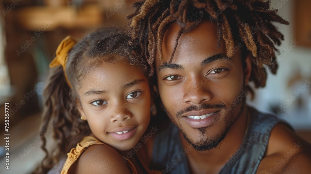 Smiling man and young girl with similar features, possibly family, close together in warm light Smiling man and young girl with similar features, possibly family, close together in warm light