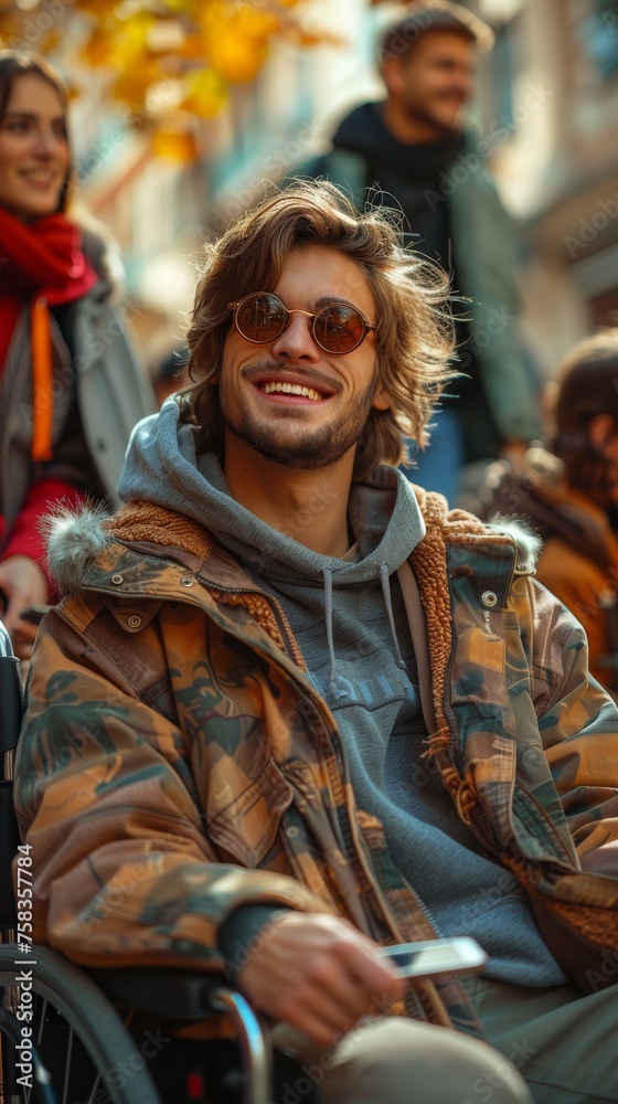 Smiling man in sunglasses and a camouflage jacket enjoys the outdoors in a wheelchair