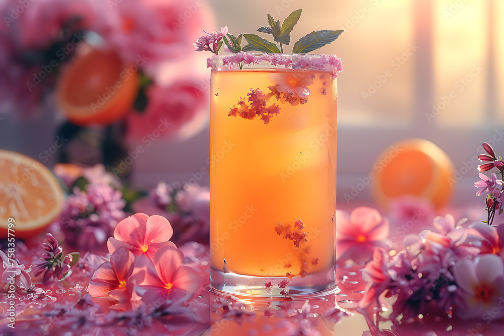 A vibrant and refreshing herbs and fruits juice in a clear glass, surrounded by fresh herbs and fruits, symbolizing a health food concept and healthy eating lifestyle A vibrant and refreshing herbs and fruits juice in a clear glass, surrounded by fresh herbs and fruits, symbolizing a health food concept and healthy eating lifestyle