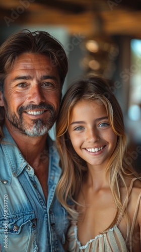 Smiling man and a young woman posing close together, both wearing casual clothing, looking happy