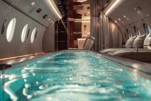 Luxurious detail of an airplane first class amenities which includes a beautiful swimming pool.