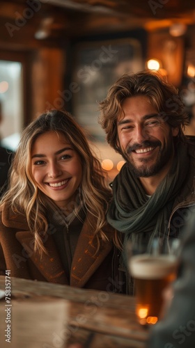 Smiling man and woman enjoying time together at a cozy bar with a beer visible
