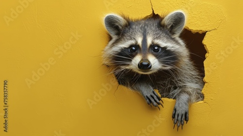 A raccoon with wide eyes peeks from a hole in the wall against a clear yellow render background.