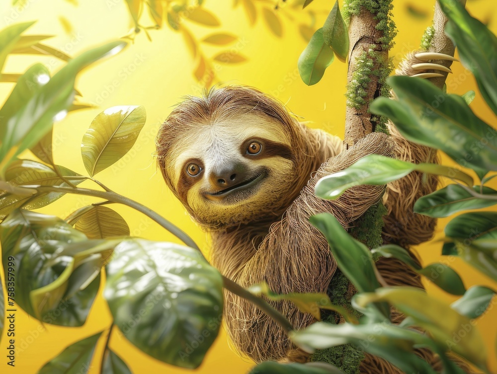 Naklejka premium A sloth slowly descending from a torn rainforest canopy picture, eyes wide in slow motion astonishment, on a clear yellow render background.