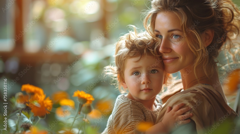 Smiling woman is holding a young child amidst vibrant flowers, both with curly hair
