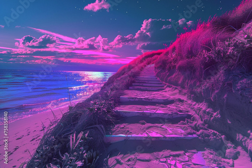 stairway to the sky on the beach in neon created using generated
