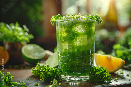 A vibrant and refreshing herbs and fruits juice in a clear glass, surrounded by fresh herbs and fruits, symbolizing a health food concept and healthy eating lifestyle